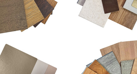 swatches and palette of material samples contains wooden engineering and vinyl flooring tiles,...