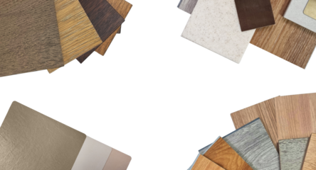 swatches and palette of material samples contains wooden engineering and vinyl flooring tiles, leather laminated, veneer, quartz stone, gold stainless isolated on background with clipping path.