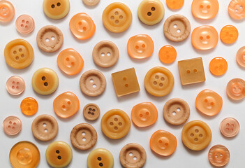 Collection of beige and coral buttons in different sizes and shapes on a white background.