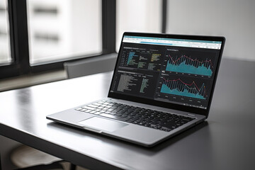 Laptop data visualisation, data visualization, big data, charts, analytical data visual, trading graphs, trending markets, technology information, laptop in office with data display. Generative AI