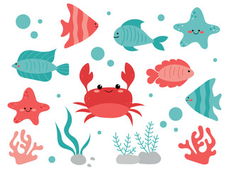 Cartoon sea animals. Tropical sea animals, funny crab, fish, starfish, corals, algae. Cute crab, starfish and various fish, sea creature. bright underwater vector characters