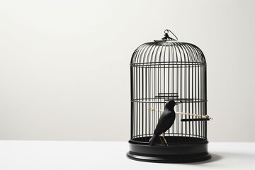 Concept of confinement with isolated black birdcage on white background. Generative AI