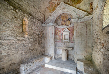 trevi , umbria , italy, may 14, 2021, interior of the ancient early christian temple on the clitunno river