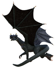 Illustration of a large attentive black dragon with horns and spread wings looking forward with claw up isolated on a white background.