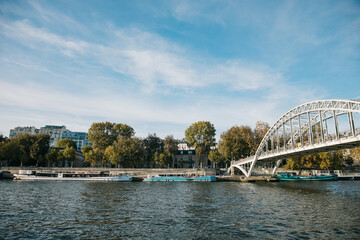 Naklejka premium Looking Out across the Seine river to the riverbank and buildings on a clear day