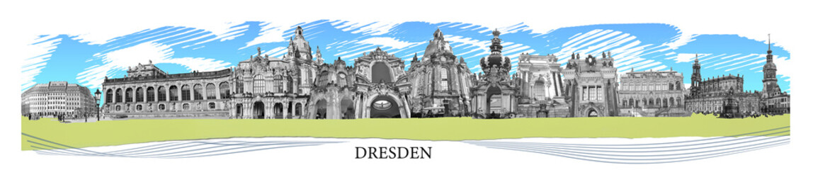 Collage of landmarks of Dresden, Germany. Zwinger Palace, Semper Opera house, Fuerstenzug, Castle Stallhof, Frauenkirche or church of Our Lady in Dresden, Saxony, Germany
