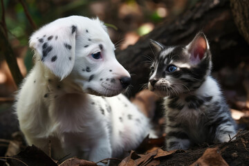 Spotted Kitten And White Puppy Explore. Generative AI