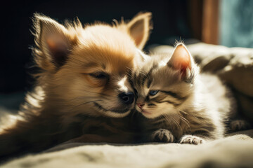 Obraz premium Tiny Kitten And Small Puppy Rest Peacefully. Generative AI
