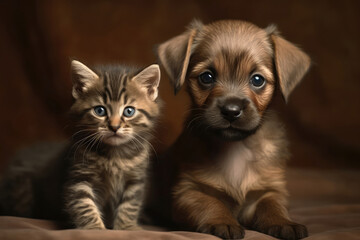 Tabby Kitten And Brown Puppy Rest Quietly. Generative AI
