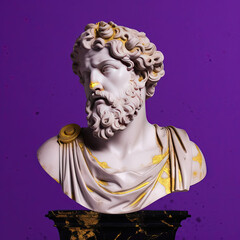 Une sculpture en marbre, statue d'une personne stoïcienne grecque ou romaine, représentant le stoïcisme. Avec des lignes dorées et noires, kintsugi, fond violet
