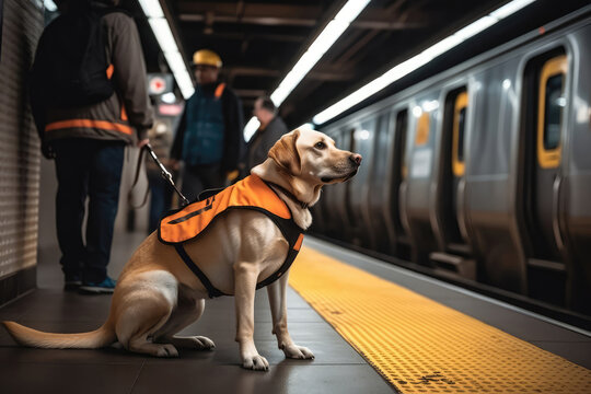 Guide Dog And Its Handler Standing On Platform Waiting For The Subway Train. Generative AI