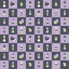 Seamless pattern with flowers and cats on a checkered background. Perfect simple print for T-shirt, textile and fabric. Geometric illustration.