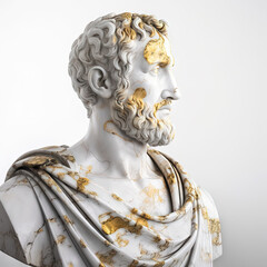 Une sculpture en marbre, statue d'une personne stoïcienne grecque ou romaine, représentant le stoïcisme. Avec des lignes dorées et noires, kintsugi, fond blanc