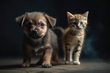 Fototapeta na wymiar On Gray Background, Curious Kitten And Cautious Puppy Walk. Generative AI