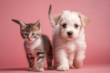 On Mauve Background, White And Gray Kitten Walks With Brown Puppy. Generative AI