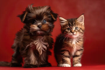 On Maroon Background, Longhaired Kitten And Shorthaired Puppy Wander. Generative AI