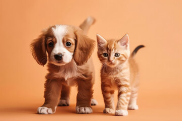 On Peach Background, Ginger Kitten And Tricolor Puppy Wander. Generative AI