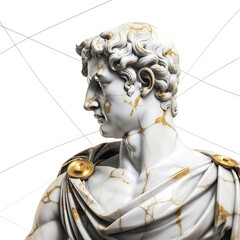 Une sculpture en marbre, statue d'une personne stoïcienne grecque ou romaine, représentant le stoïcisme. Avec des lignes dorées et noires, kintsugi, fond blanc