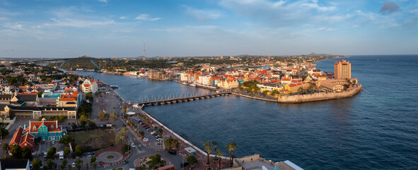 Panoramic photo from a drone of the part of colonial style buildings in the capital of Curacao .Willemstad