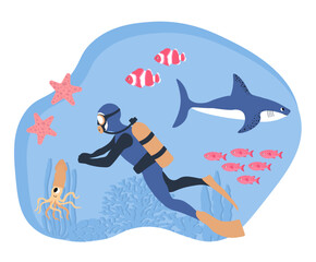 Vector ocean illustration with diver, shark, clown fish, starfish, squid, algae, corals.Diving.Underwater marine animals.Ecology design for banner,flyer,postcard, website design,poster