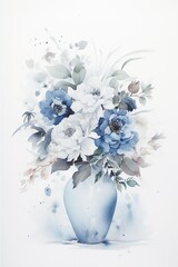 Little blue flowers in blue vase, Still life background. watercolor floral. AI generated