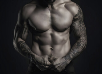 Fototapeta na wymiar The Torso of Attractive Male Body Builder with tattoos On Black Background