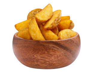 Delicious fried potato wedges in a wooden bowl, cut out