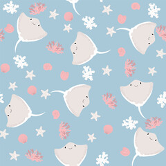 Vector seamless pattern with devilfish, starfish, algae.Underwater cartoon creatures.Marine background.Cute ocean pattern for fabric, childrens clothing,textiles,wrapping paper