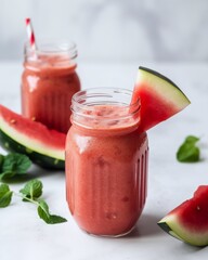 Fototapeta na wymiar Healthy watermelon smoothie in mason jars, selective focus.