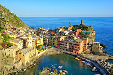 Cinque Terre village of Vernazza, Italy. View from above with colorful houses and harbor.