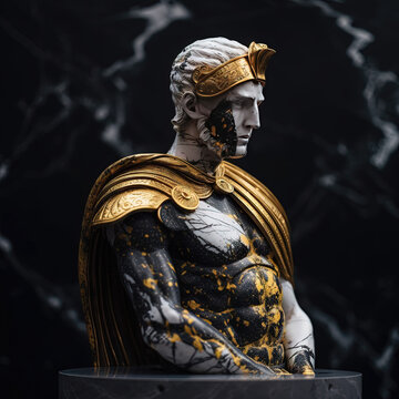 Une sculpture en marbre, statue d'une personne stoïcienne grecque ou romaine, représentant le stoïcisme. Avec des lignes dorées et noires, kintsugi