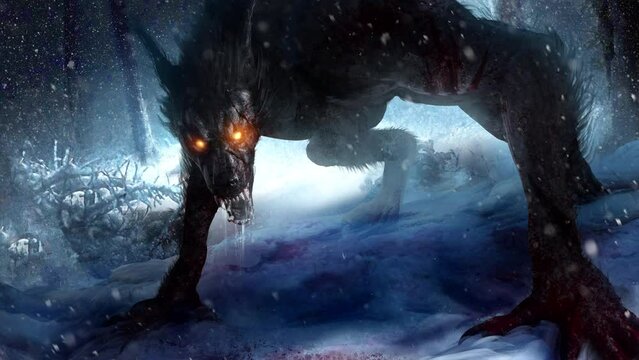 sinister werewolf, bared his bloody teeth, is on all fours, in the shadow of the winter forest with glowing eyes, he is wounded in a fight with the dead warriors around. approaching 2d animated art