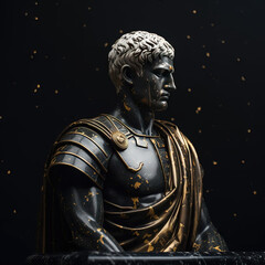 Naklejka premium Une sculpture en marbre, statue d'une personne stoïcienne grecque ou romaine, représentant le stoïcisme. Avec des lignes dorées et noires, kintsugi.