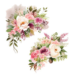 Set of floral branch. Flower pink rose, green leaves. Wedding concept with flowers. Floral poster, invite. Vector arrangements for greeting card or invitation design