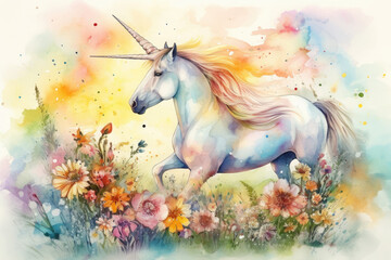 Create a charming watercolor painting of a unicorn surrounded by a field of spring flowers, with a butterfly landing on its horn and a rainbow