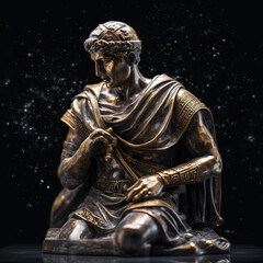 Une sculpture en marbre, statue d'une personne sto&iuml;cienne grecque ou romaine, repr&eacute;sentant le sto&iuml;cisme. Avec des lignes dor&eacute;es et noires, kintsugi.