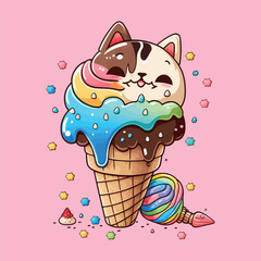 Cute ice cream cone cartoon. vector illustration. hello summer concept, style on background of pattern and text. illustration, flat