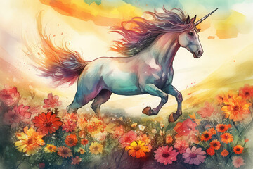 Design a magical watercolor illustration of a unicorn leaping over a rainbow, with a field of blooming flowers below and a bright sun shining in the sky