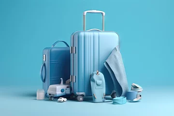 Fototapeten Valise avec accessoires de voyage sur fond bleu. © Merilno