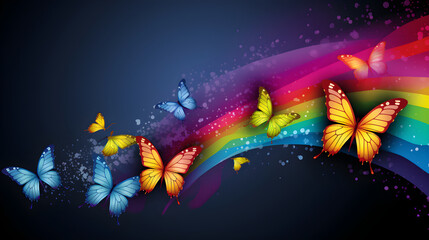 Colorful rainbow butterflies banner with blue background. Butterflies in rainbow colors on black. Colorful butterfly illustration for wallpaper, post cards, advertising. Summer concept. Generative AI