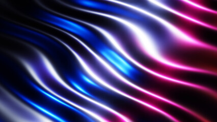 Abstract 3d wavy background, dark waves with multicolor lights, liquid metallic render illustration.