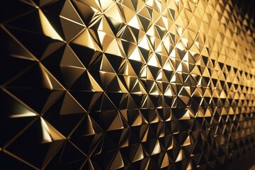 Glossy diamond-shaped gold wall of 3D tiles. Luxurious 3D render background. Generative AI
