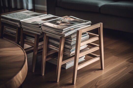 Set of wood nested tables holding various magazines inside. Generative AI