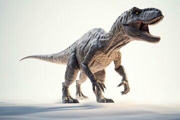 3D model of Allosaurus walking towards viewer, on white background. Generative AI