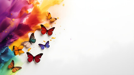Banner with rainbow butterflies, white background. Light butterfly background in holi splash colors. Illustration of butterflies for wallpaper, post cards, advertising. Summer concept. Generative AI