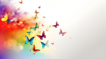 Rainbow butterflies banner, white background. Light butterfly background in rainbow colors. Colorful illustration of butterflies for wallpaper, post cards, advertising. Summer concept. Generative AI