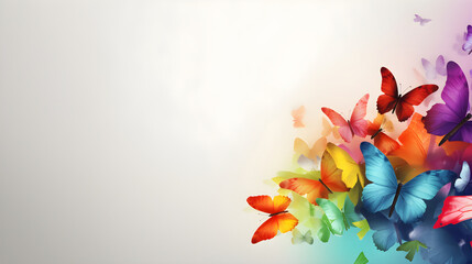Banner with rainbow butterflies, white background. Light butterfly background in rainbow colors. Colorful illustration of butterflies for wallpaper, post cards, advertising. Summer concept. AI
