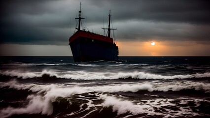 The middle of a sea at midnight with ship