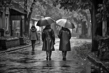Rainy Day Stroll: Two Women Walking Away, Umbrellas Up, Black and White Timeless Elegance, Generative AI