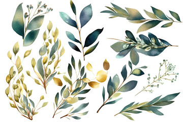 Bordure transparente à l'aquarelle - illustration avec des feuilles et des branches d'or vert, pour la papeterie de mariage, les salutations, les fonds d'écran, la mode, les arrière-plans, les texture